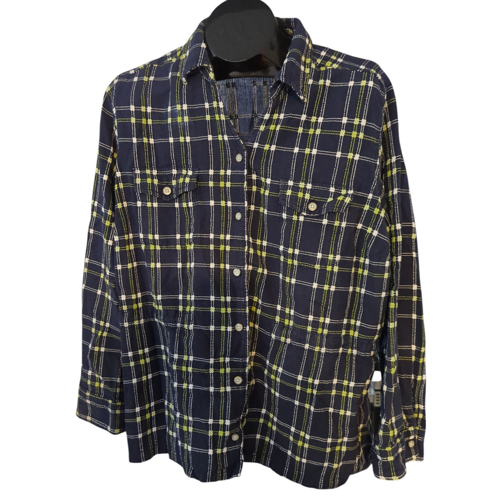 CJ BANKS Navy Blue Green White Button Up Shirt with Roll Up Sleeves Plus Size 2X